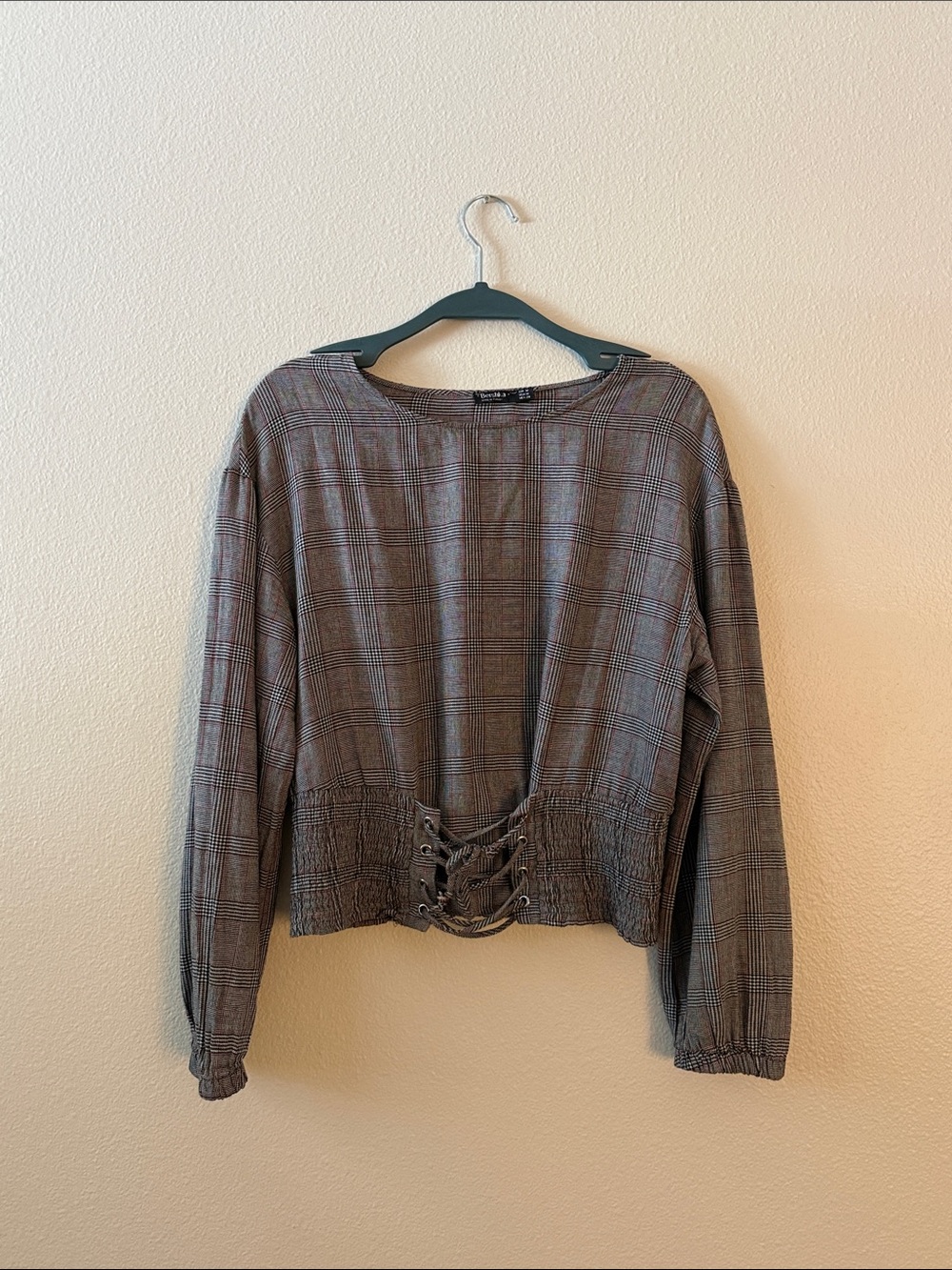 Bershka Plaid Lace-Up Waist Long Sleeve Top - Brown/Red